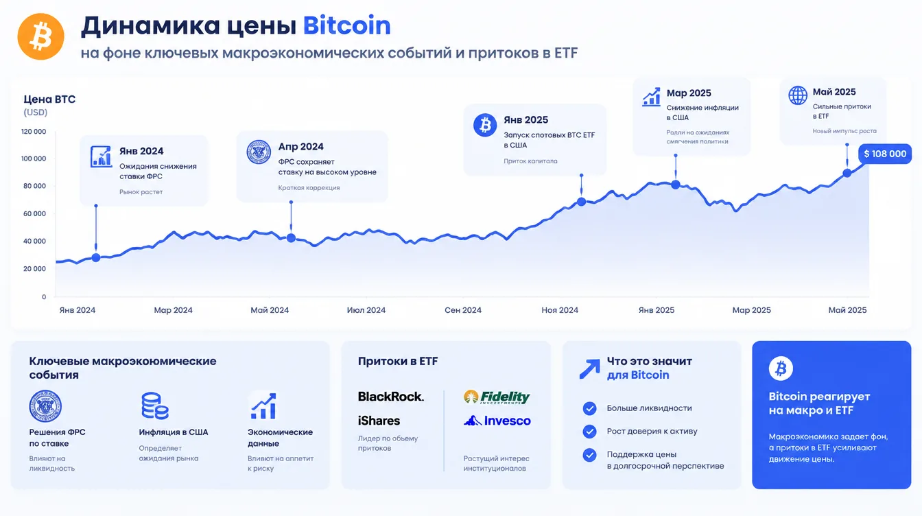 График: динамика цены Bitcoin на фоне ключевых макроэкономических событий и притоков в ETF