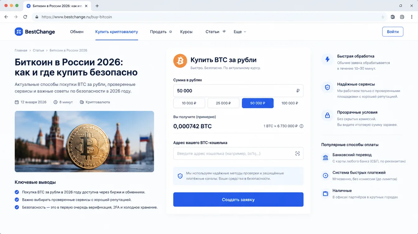 Скриншот: заявка на покупку BTC за рубли с полем для адреса кошелька и расчётом итоговой суммы