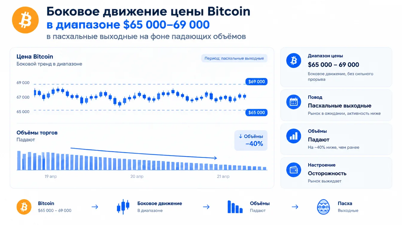 График: боковое движение цены Bitcoin в диапазоне $65 000–69 000 в пасхальные выходные на фоне падающих объёмов