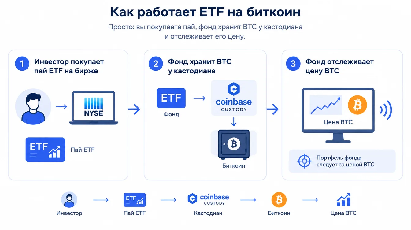 Схема: инвестор покупает пай ETF на бирже, фонд хранит биткоин у кастодиана и отслеживает цену BTC