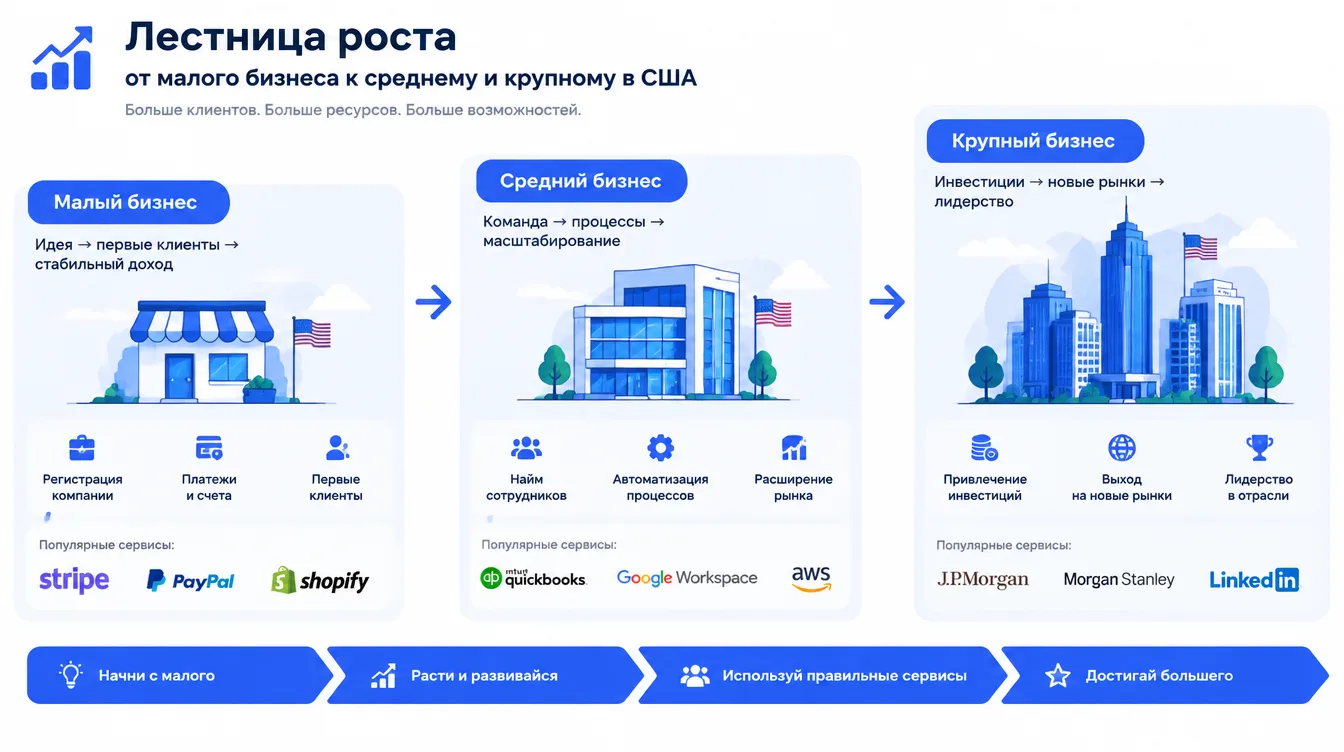 Схема: лестница роста от малого бизнеса к среднему и крупному в США