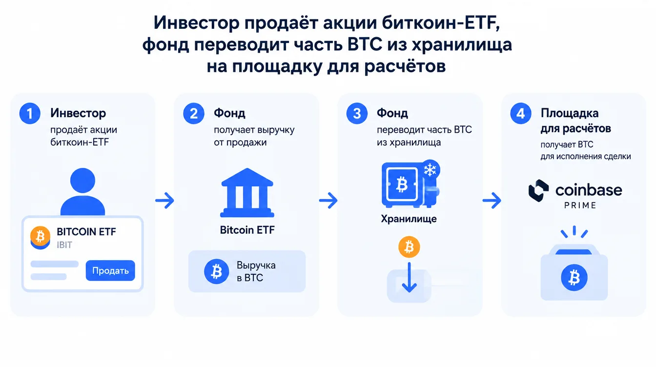 Схема: инвестор продаёт акции биткоин-ETF, фонд переводит часть BTC из хранилища на площадку для расчётов