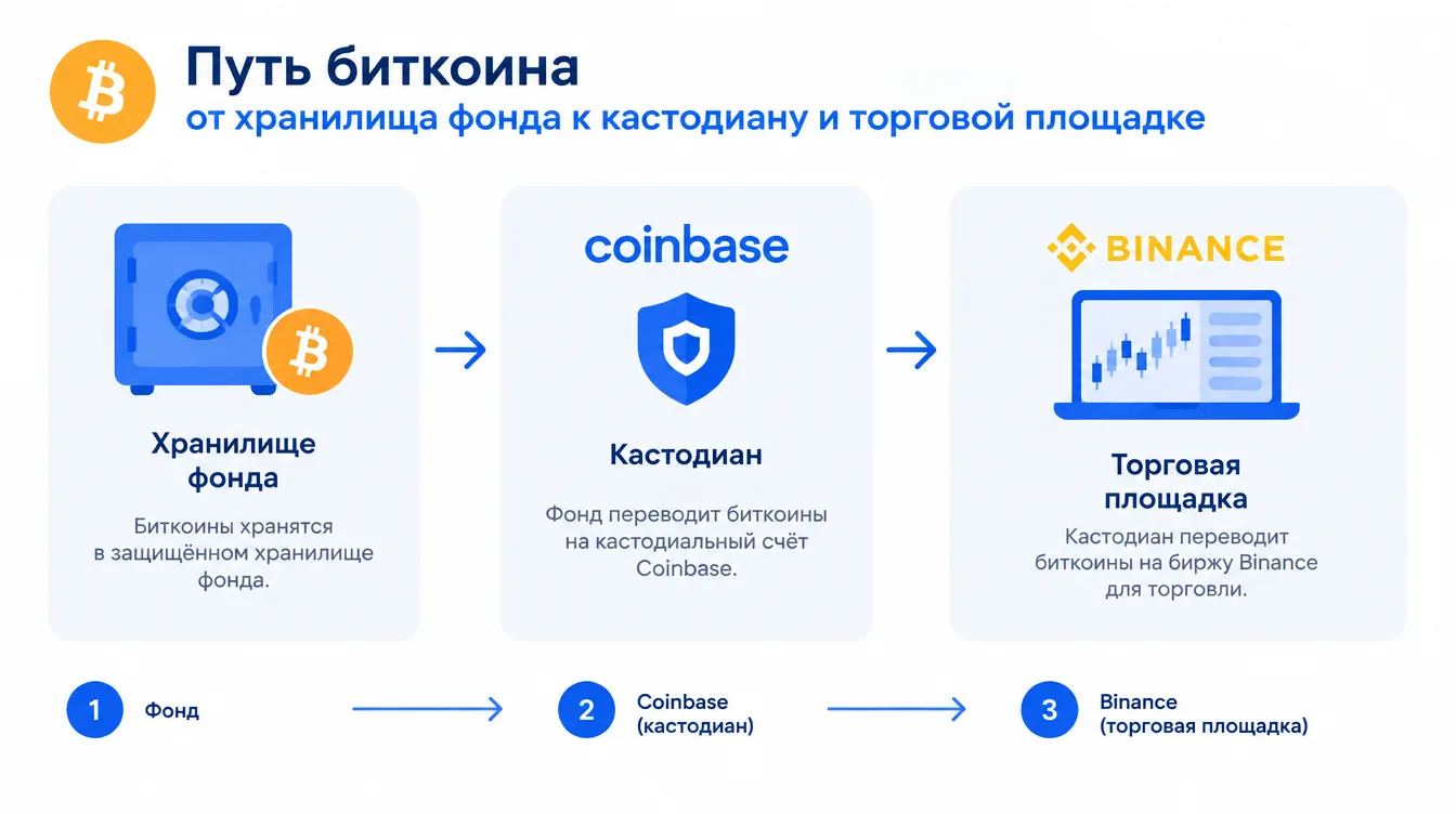 Схема: путь биткоина от хранилища фонда к кастодиану и торговой площадке