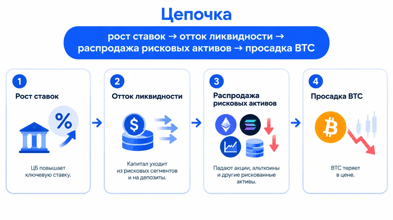 Схема: цепочка «рост ставок → отток ликвидности → распродажа рисковых активов → просадка BTC»