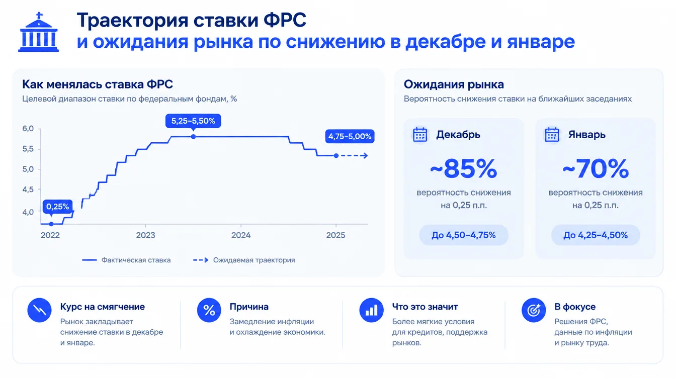 График: траектория ставки ФРС и ожидания рынка по снижению в декабре и январе