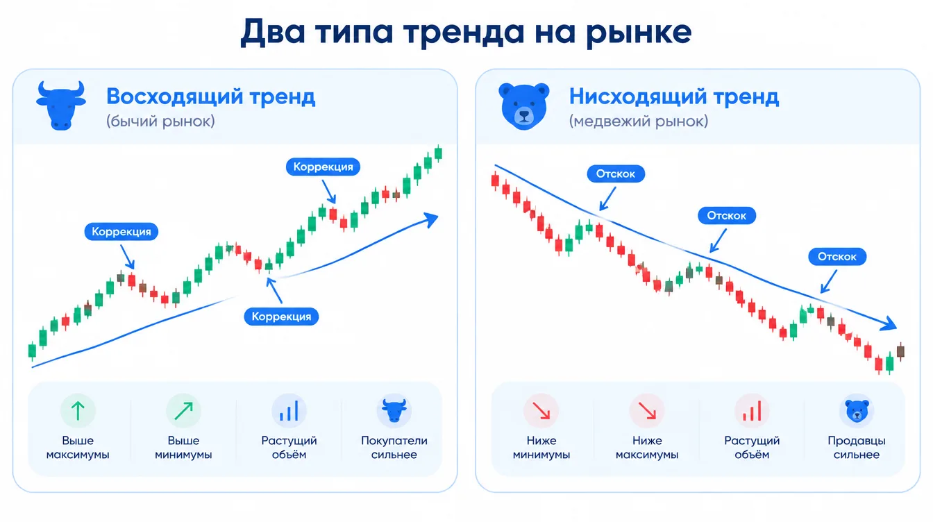 Схема: два графика цены рядом, слева восходящий тренд с коррекциями (бычий рынок), справа нисходящий тренд с отскоками (медвежий рынок)