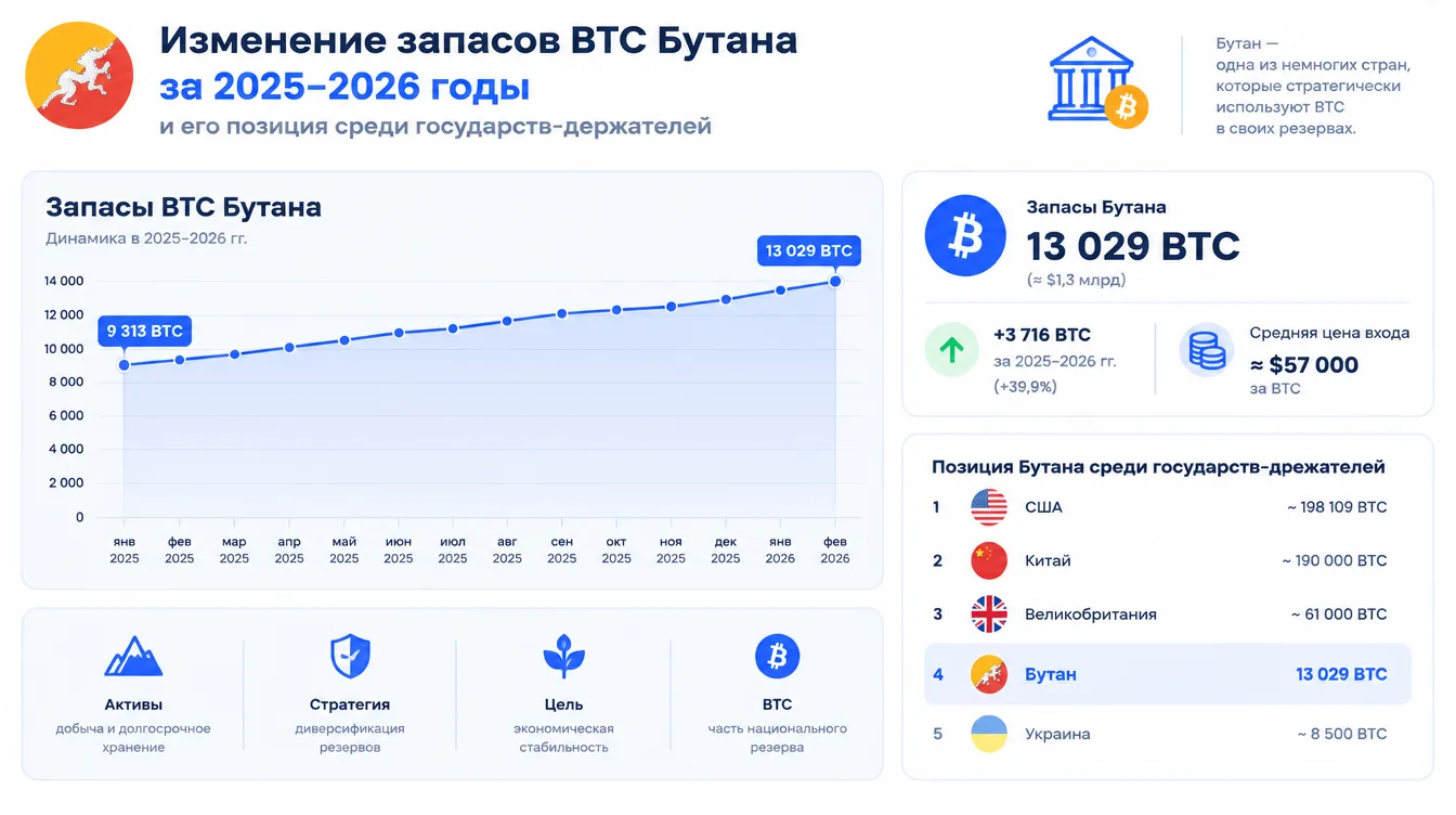 Диаграмма: изменение запасов BTC Бутана за 2025–2026 годы и его позиция среди государств-держателей