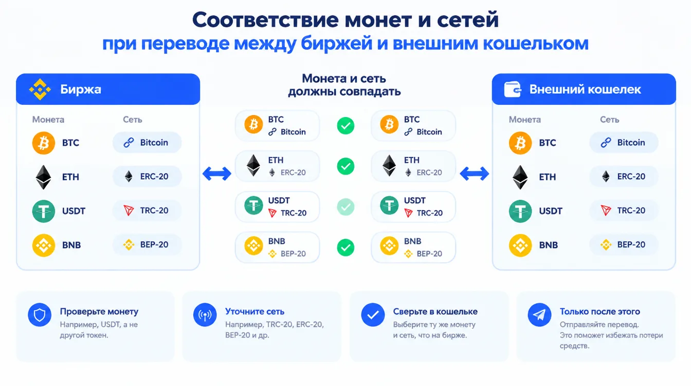 Схема: соответствие монет и сетей при переводе между биржей и внешним кошельком