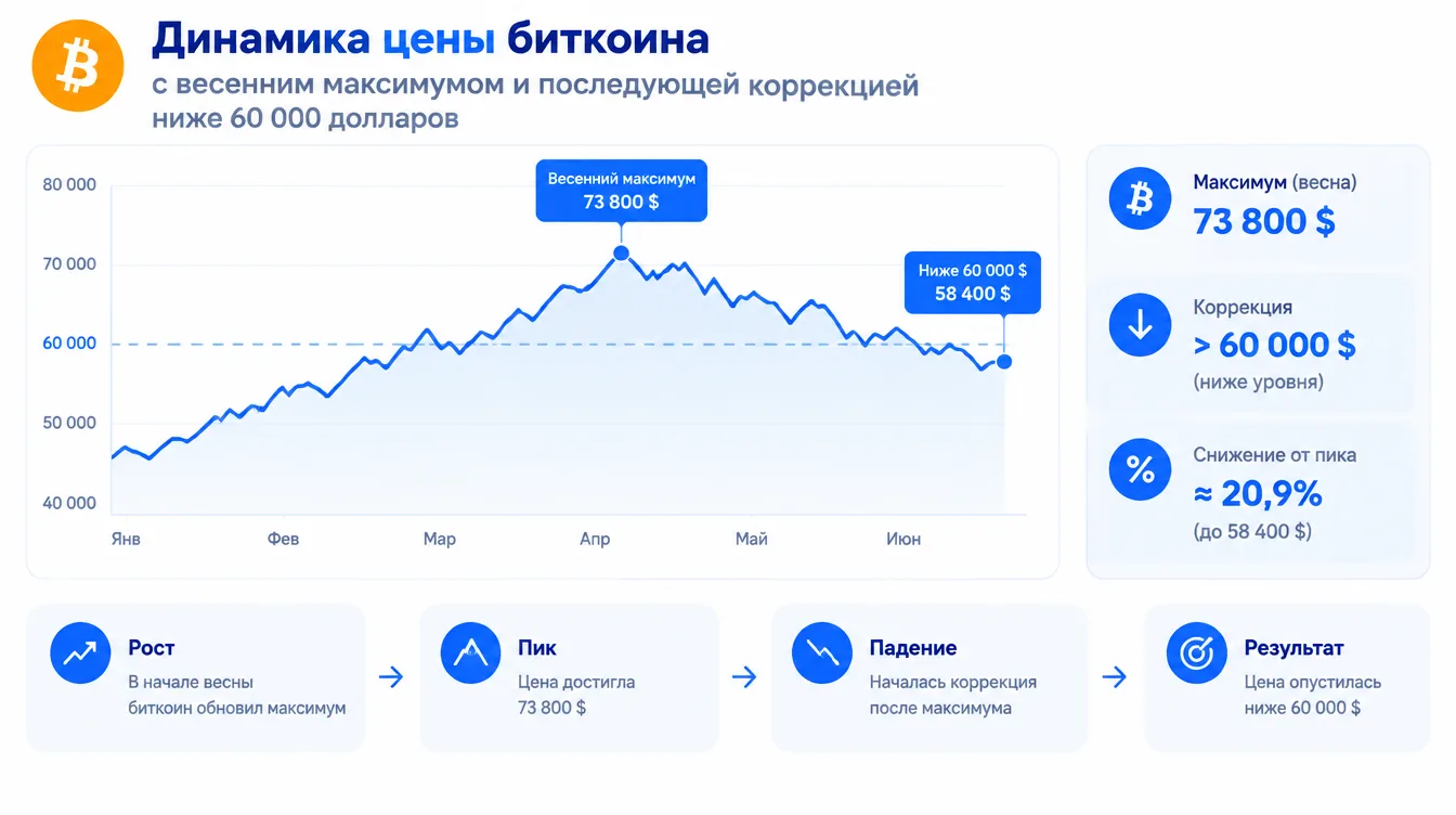 График: динамика цены биткоина с весенним максимумом и последующей коррекцией ниже 60 000 долларов