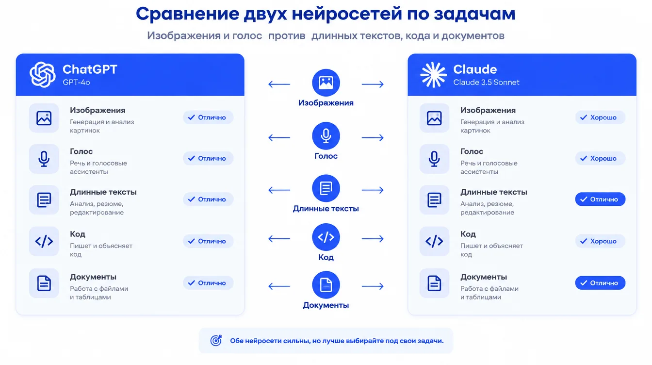 Схема: сравнение двух нейросетей по задачам — изображения и голос против длинных текстов, кода и документов