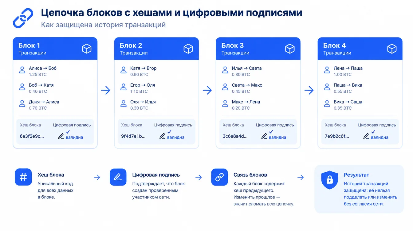 Схема: цепочка блоков с хешами и цифровыми подписями, показывающая, как защищена история транзакций