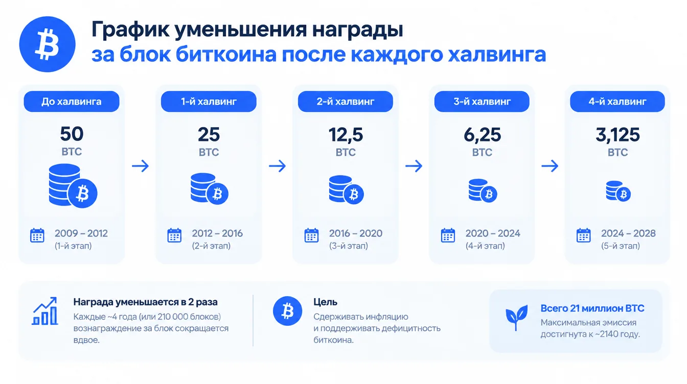 Схема: график уменьшения награды за блок биткоина после каждого халвинга