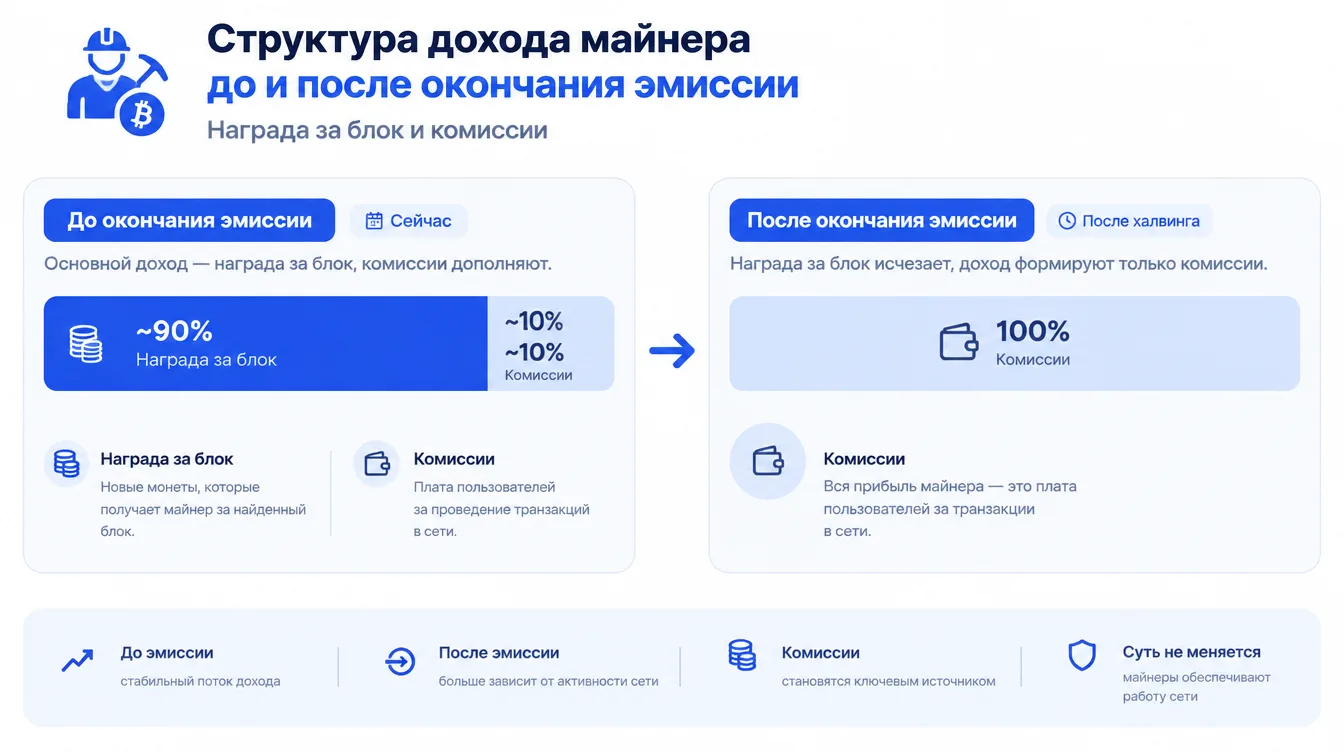Схема: структура дохода майнера до и после окончания эмиссии — награда за блок и комиссии