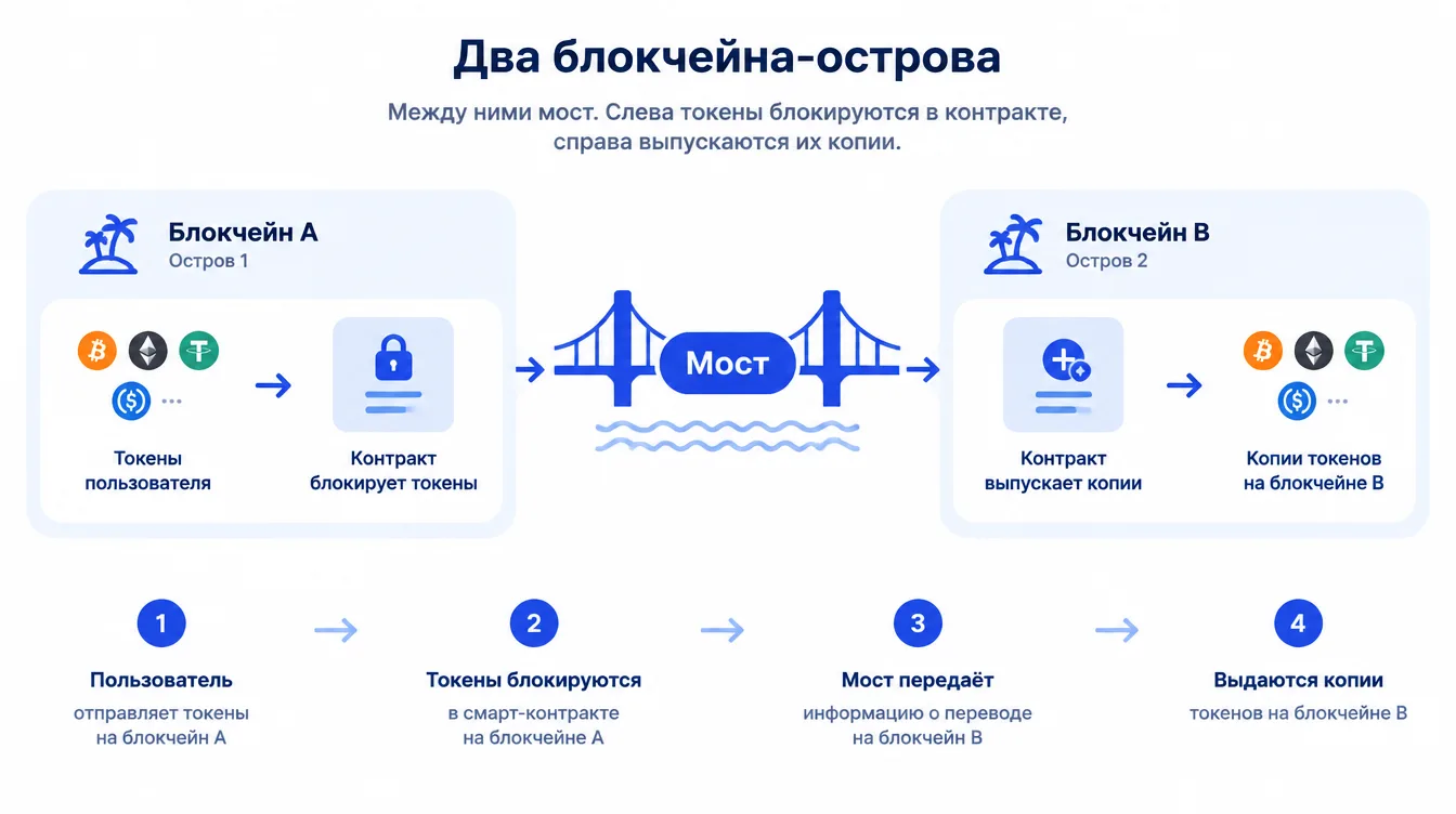 Схема: два блокчейна-острова, между ними мост; слева токены блокируются в контракте, справа выпускаются их копии
