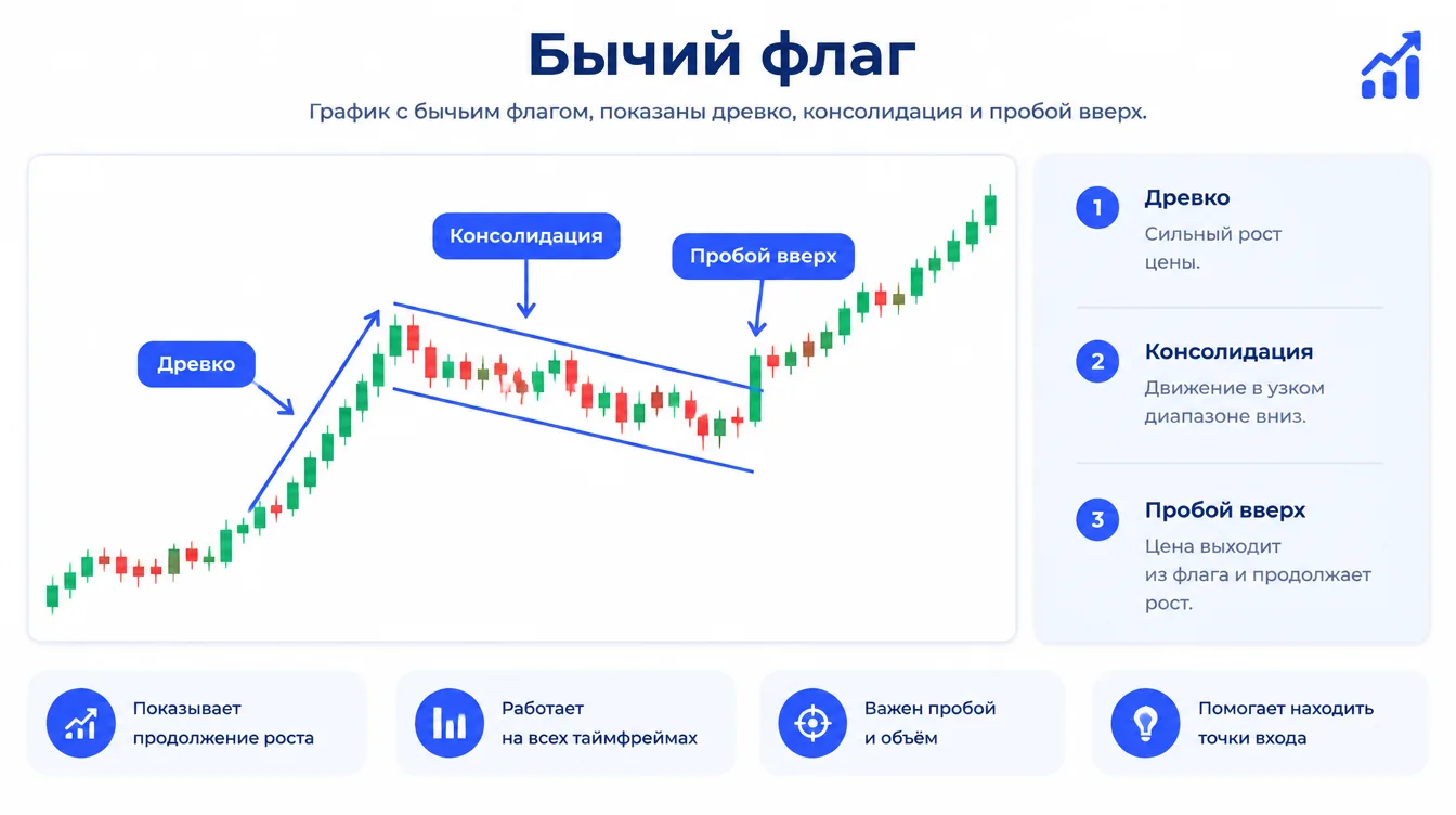 Схема: график с бычьим флагом, показаны древко, консолидация и пробой вверх