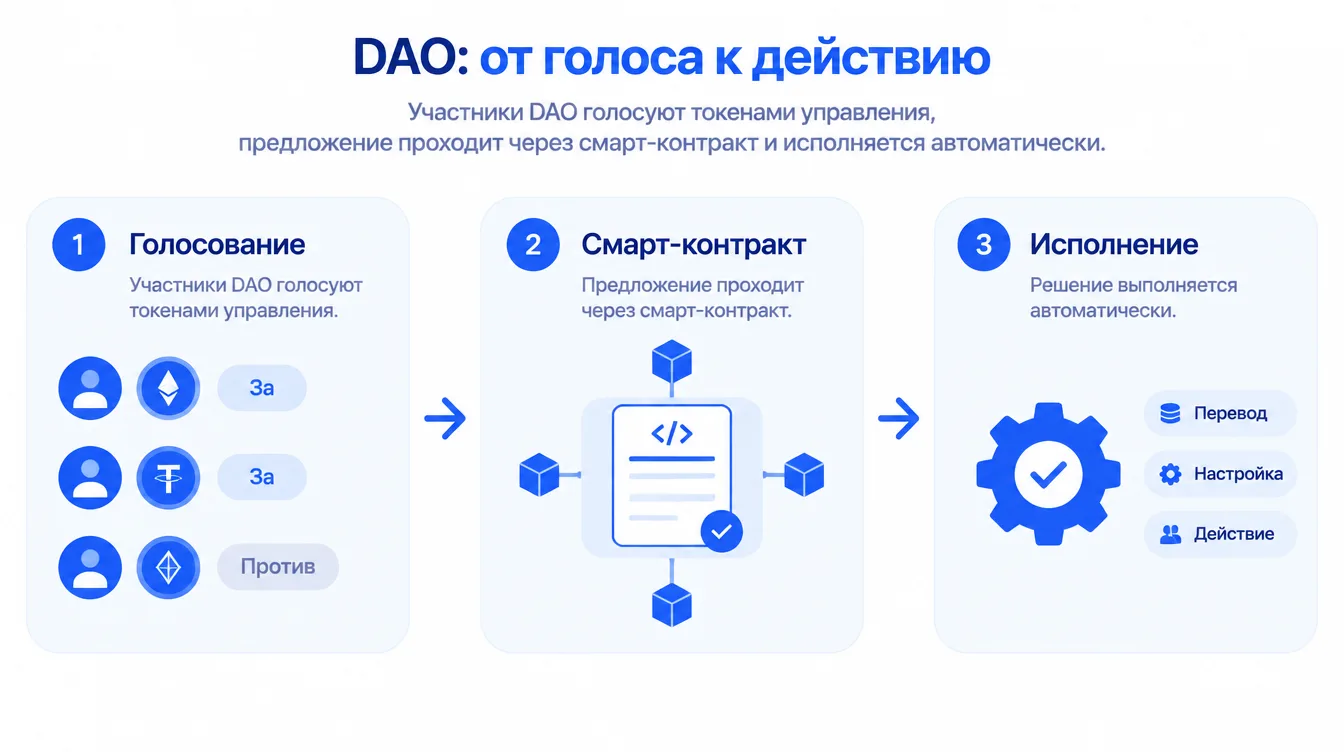 Схема: участники DAO голосуют токенами управления, предложение проходит через смарт-контракт и исполняется автоматически