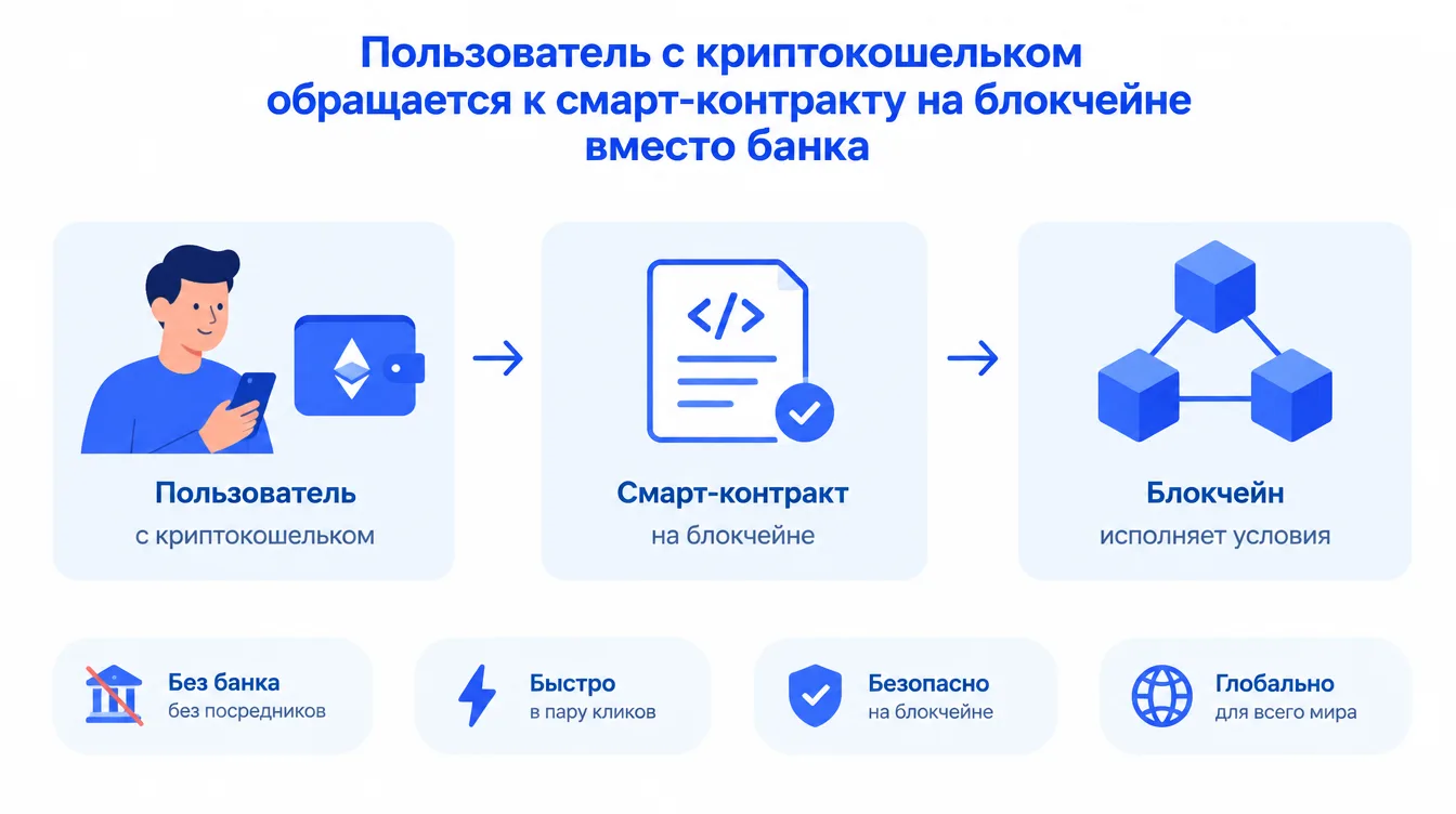 Схема: пользователь с криптокошельком обращается к смарт-контракту на блокчейне вместо банка
