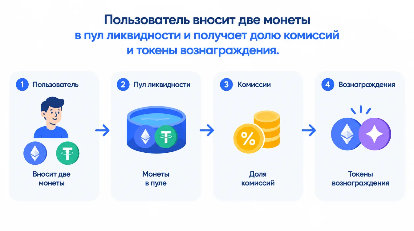 Схема: пользователь вносит две монеты в пул ликвидности и получает долю комиссий и токены вознаграждения