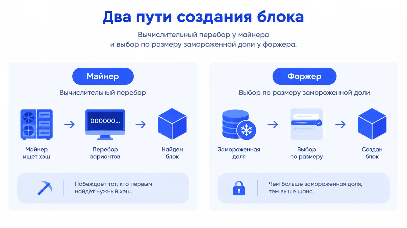 Схема: два пути создания блока — вычислительный перебор у майнера и выбор по размеру замороженной доли у форжера