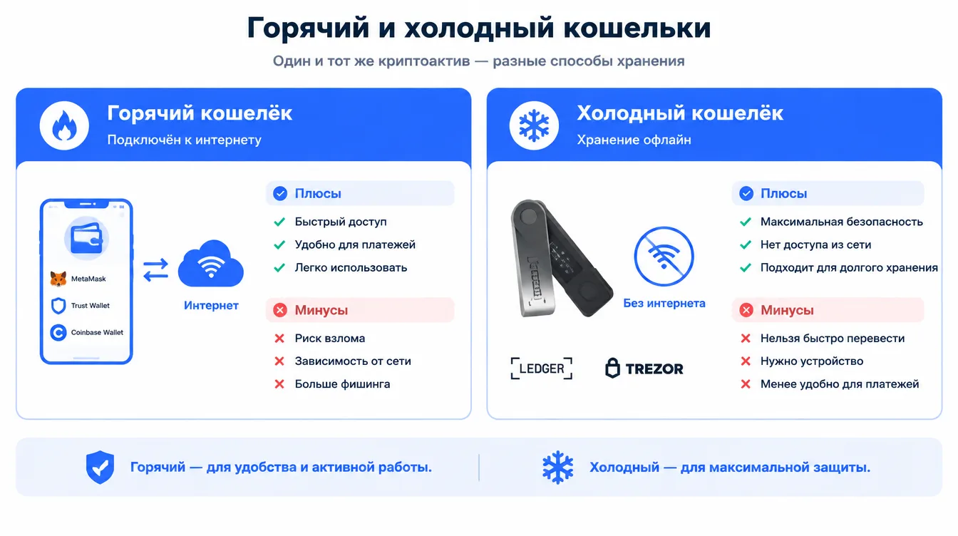 Схема: горячий кошелёк (подключён к интернету) и холодный кошелёк (хранение офлайн) с их сильными и слабыми сторонами