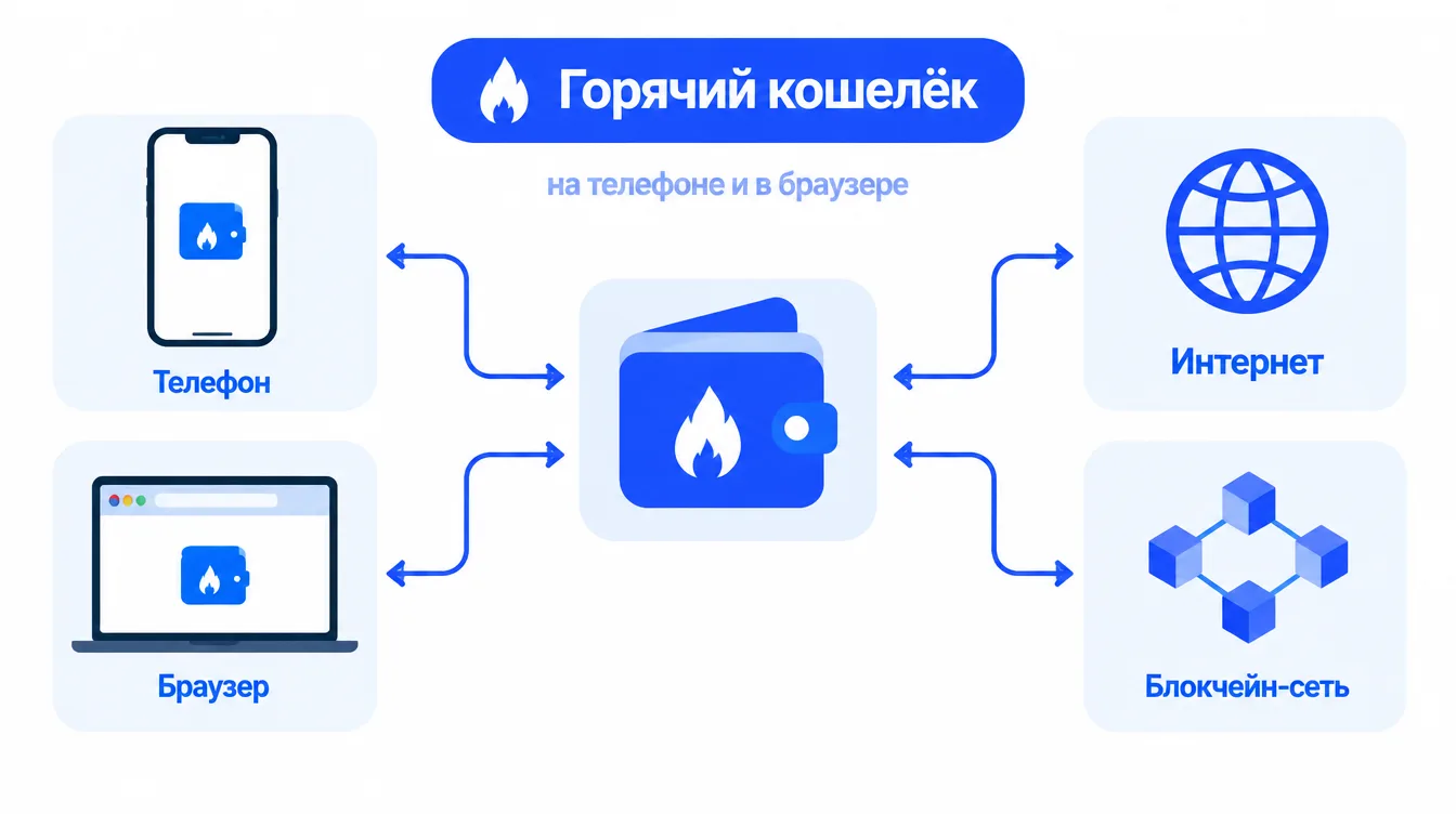 Схема: горячий кошелёк на телефоне и в браузере подключён к интернету и блокчейн-сети