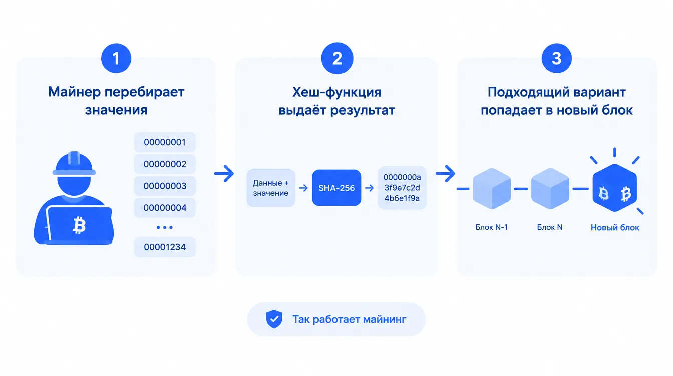 Схема: майнер перебирает значения, хеш-функция выдаёт результат, подходящий вариант попадает в новый блок