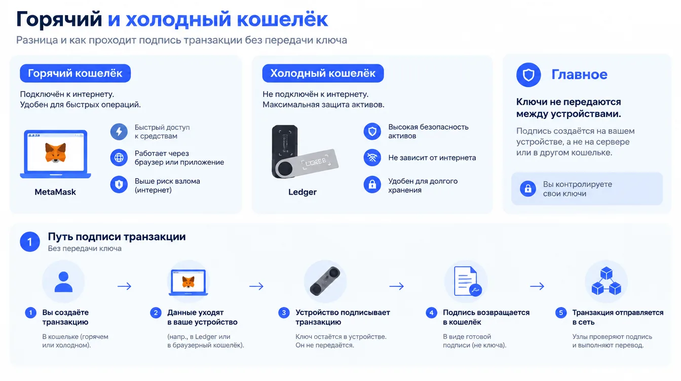 Схема: разница между горячим и холодным кошельком, путь подписи транзакции без передачи ключа