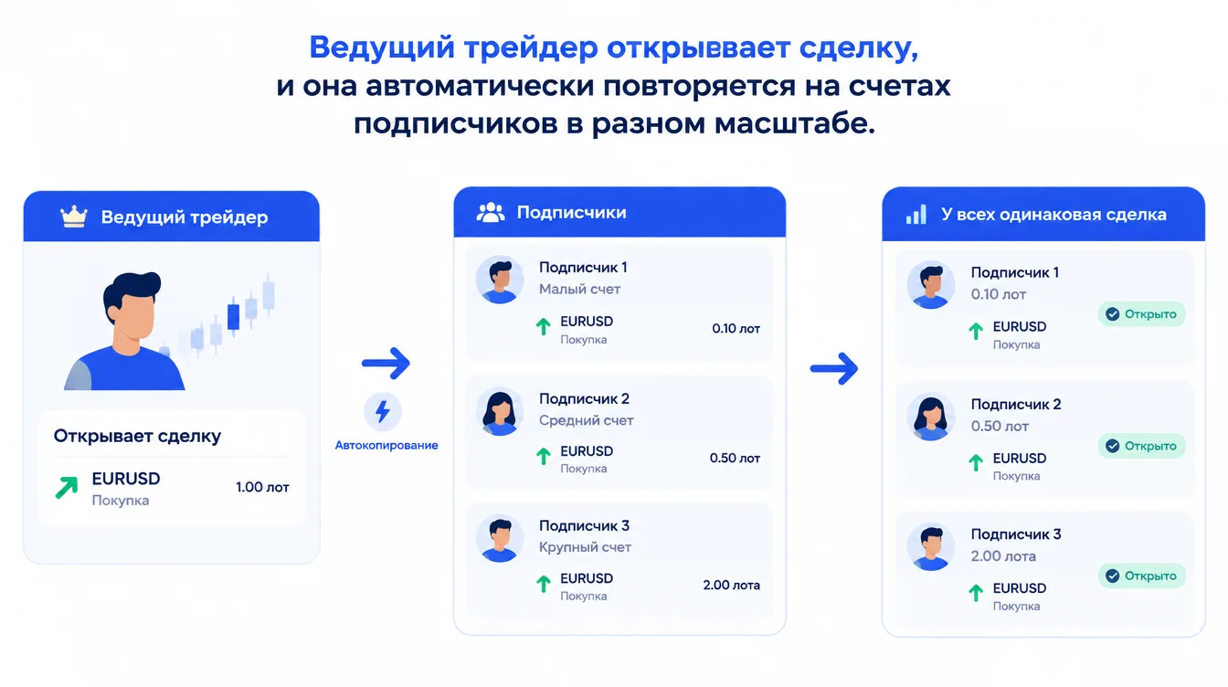 Схема: ведущий трейдер открывает сделку, и она автоматически повторяется на счетах подписчиков в разном масштабе