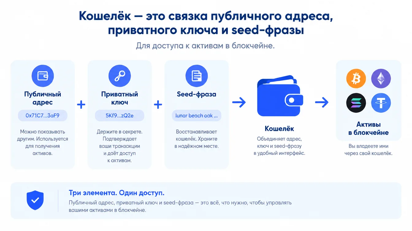 Схема: кошелёк как связка публичного адреса, приватного ключа и seed-фразы для доступа к активам в блокчейне
