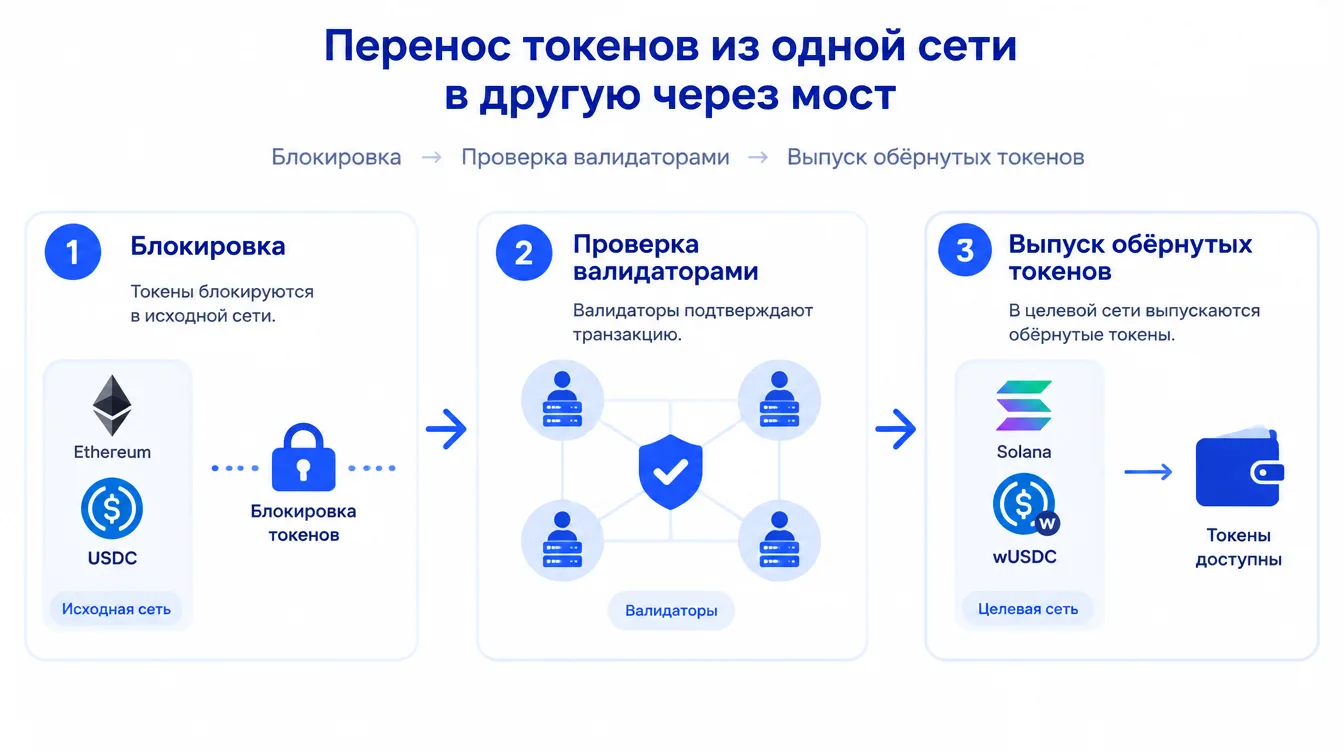 Схема: перенос токенов из одной сети в другую через мост — блокировка, проверка валидаторами, выпуск обёрнутых токенов