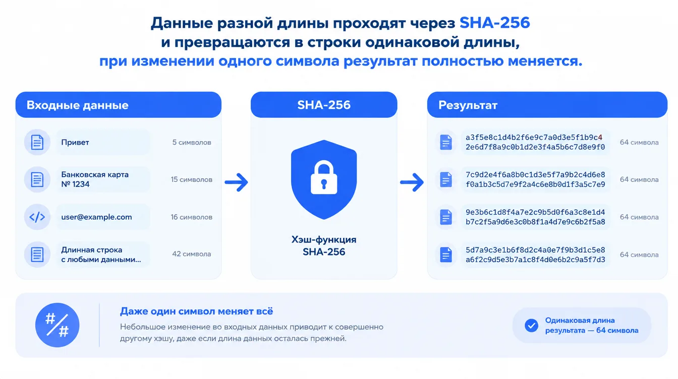 Схема: данные разной длины проходят через SHA-256 и превращаются в строки одинаковой длины, при изменении одного символа результат полностью меняется
