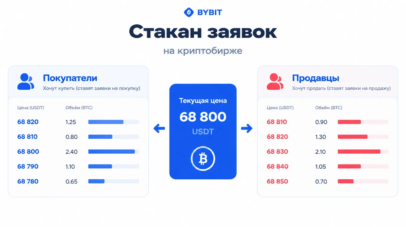 Схема: стакан заявок на криптобирже, слева покупатели, справа продавцы, в центре текущая цена