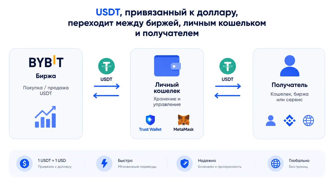 Схема: USDT, привязанный к доллару, переходит между биржей, личным кошельком и получателем