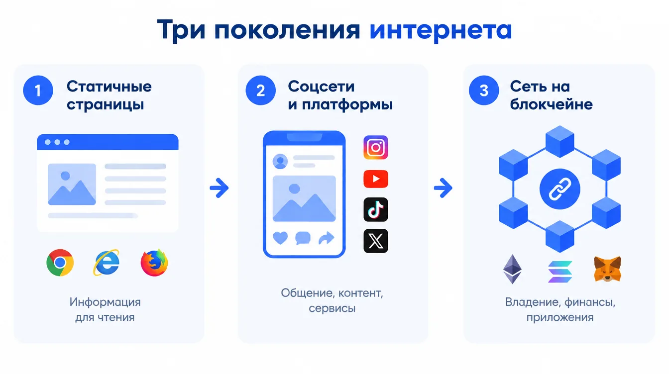 Схема: три поколения интернета — статичные страницы, соцсети и платформы, сеть на блокчейне