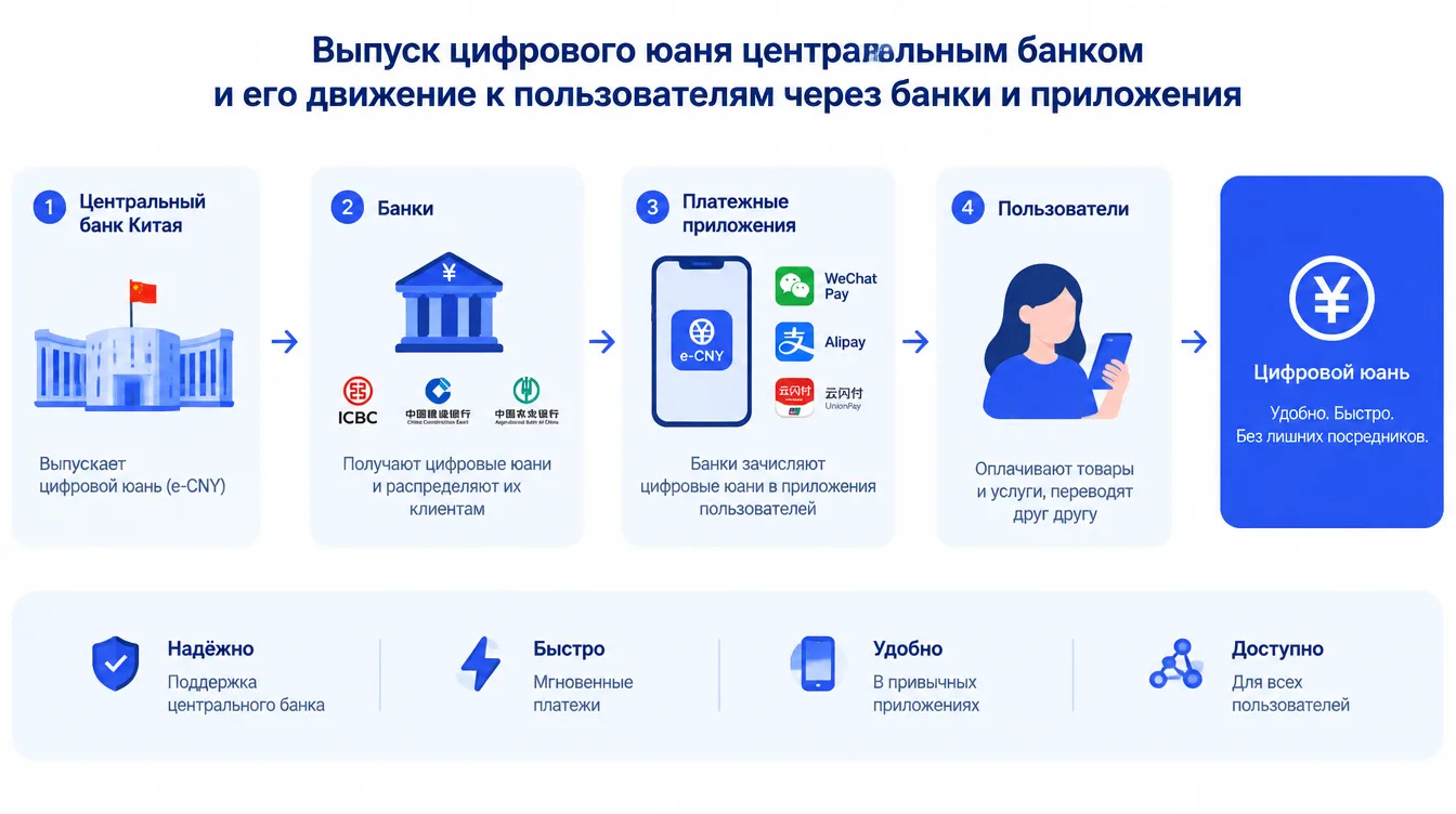 Схема: выпуск цифрового юаня центральным банком и его движение к пользователям через банки и приложения