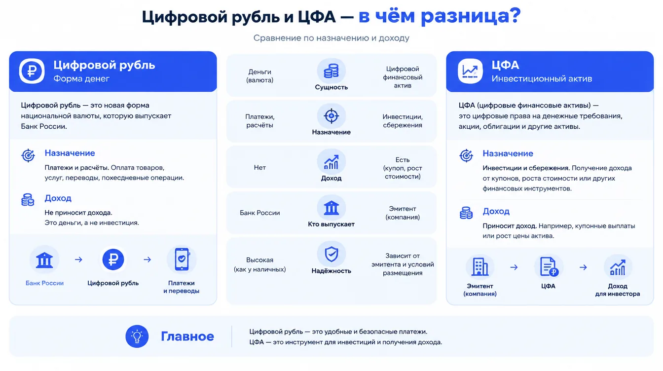 Схема: сравнение цифрового рубля как формы денег и ЦФА как инвестиционного актива по назначению и доходу