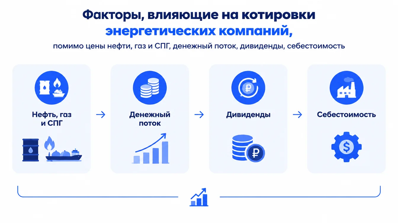 Схема: факторы, влияющие на котировки энергетических компаний, помимо цены нефти, газ и СПГ, денежный поток, дивиденды, себестоимость