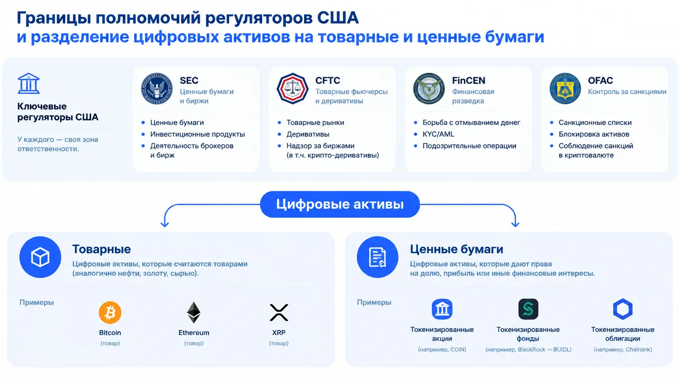 Схема: границы полномочий регуляторов США и разделение цифровых активов на товарные и ценные бумаги