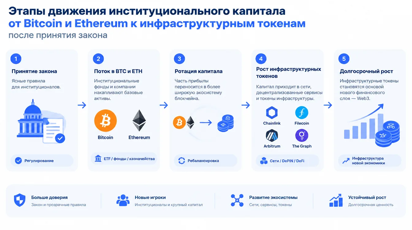 Схема: этапы движения институционального капитала от Bitcoin и Ethereum к инфраструктурным токенам после принятия закона