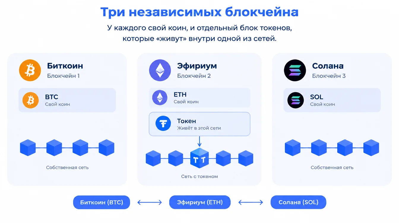 Схема: три независимых блокчейна, у каждого свой коин, и отдельный блок токенов, которые «живут» внутри одной из сетей