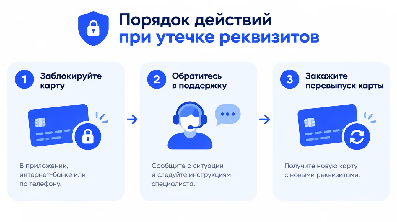Схема: порядок действий при утечке реквизитов: блокировка карты, обращение в поддержку, перевыпуск карты
