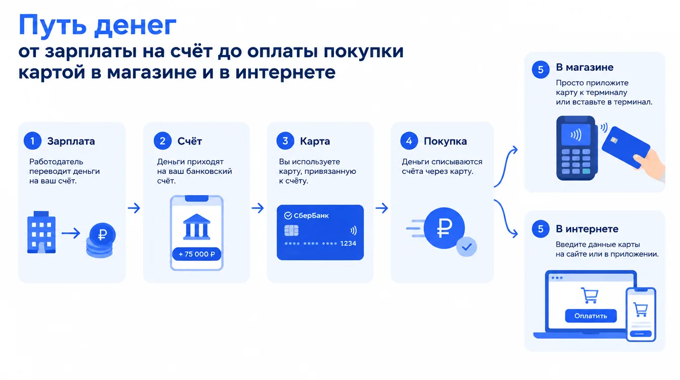 Схема: путь денег от зарплаты на счёт до оплаты покупки картой в магазине и в интернете