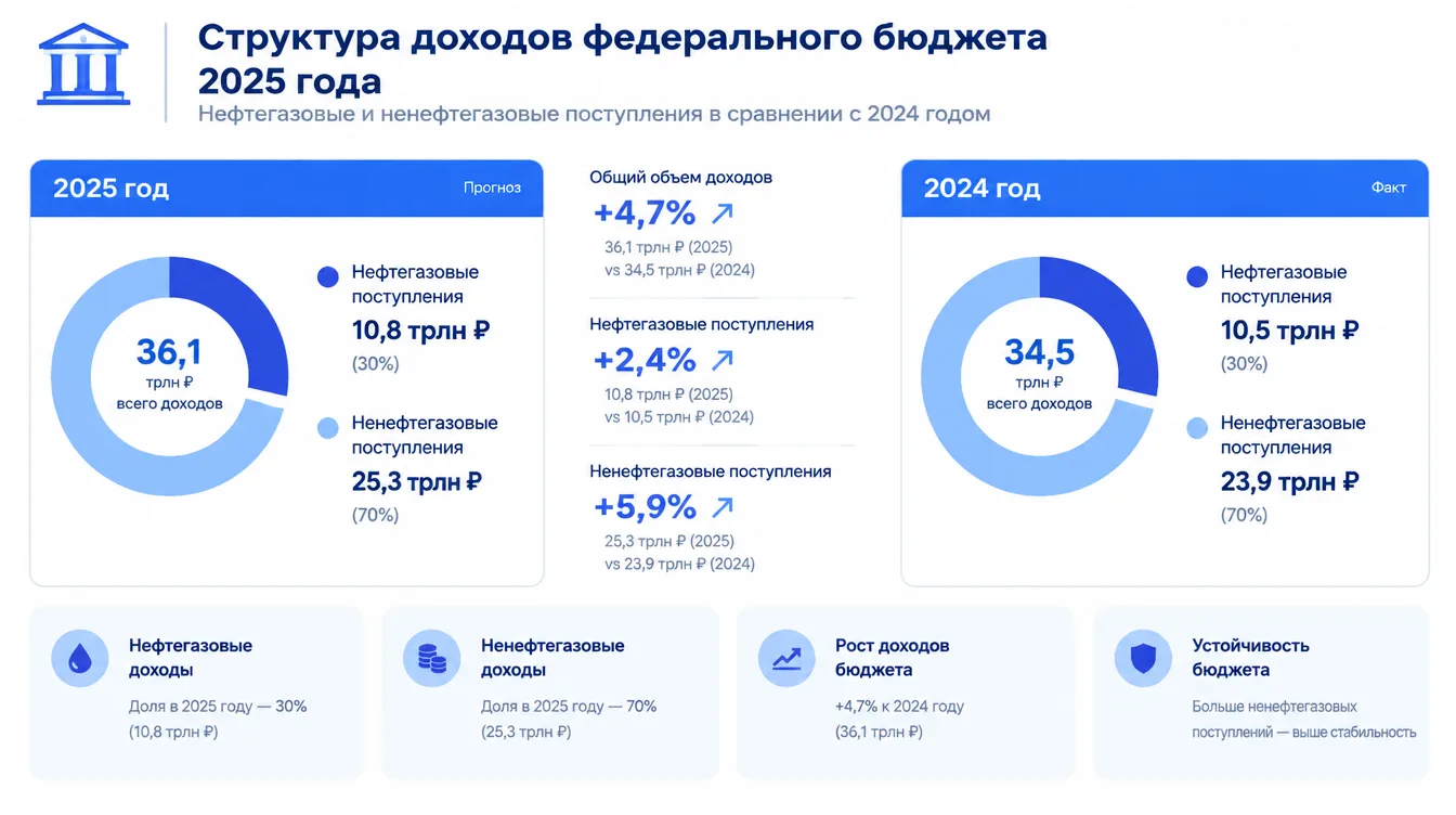 График: структура доходов федерального бюджета 2025 года — нефтегазовые и ненефтегазовые поступления в сравнении с 2024 годом