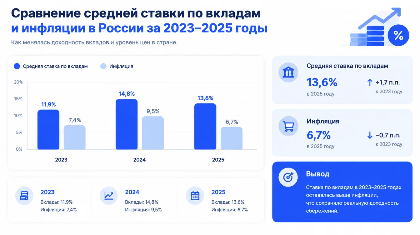 График: сравнение средней ставки по вкладам и инфляции в России за 2023–2025 годы