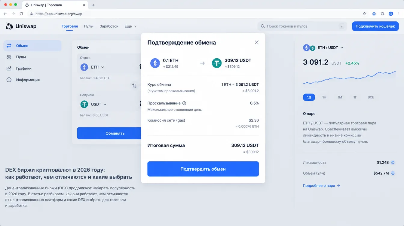 Скриншот: окно подтверждения обмена на децентрализованной бирже с итоговой суммой, комиссией сети и проскальзыванием