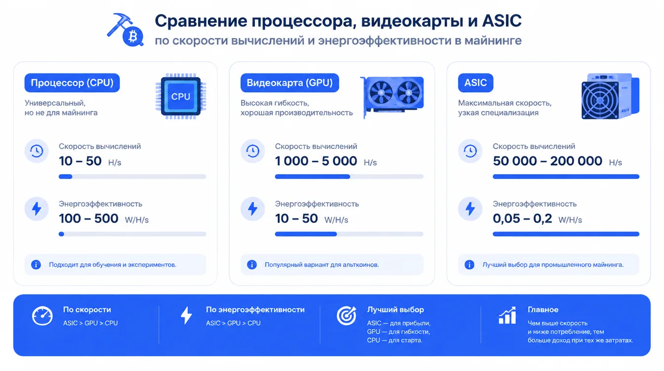 Схема: сравнение процессора, видеокарты и ASIC по скорости вычислений и энергоэффективности в майнинге
