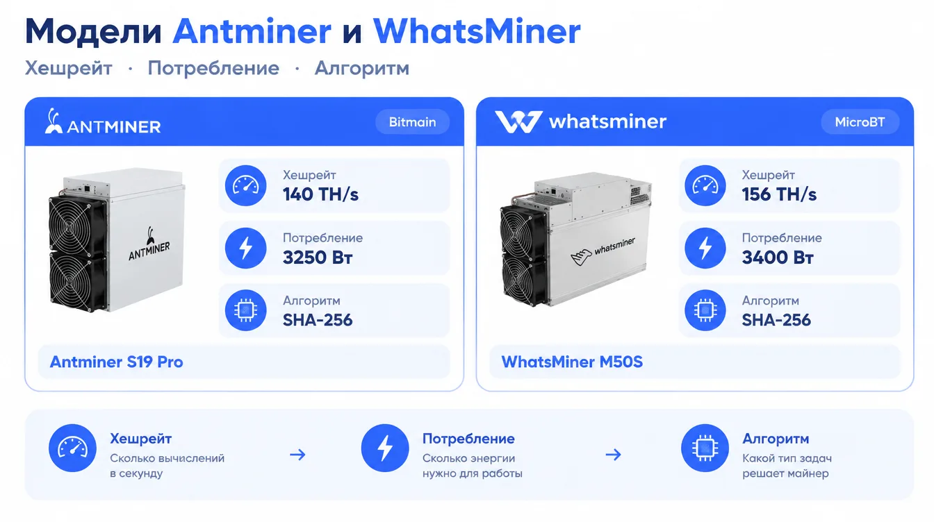 Таблица на изображении: модели Antminer и WhatsMiner с хешрейтом, потреблением и алгоритмом