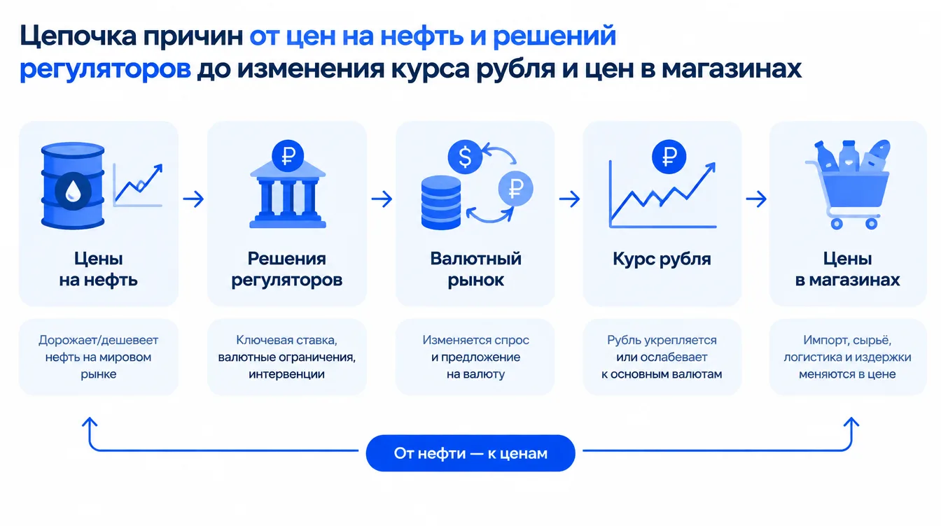 Схема: цепочка причин от цен на нефть и решений регуляторов до изменения курса рубля и цен в магазинах