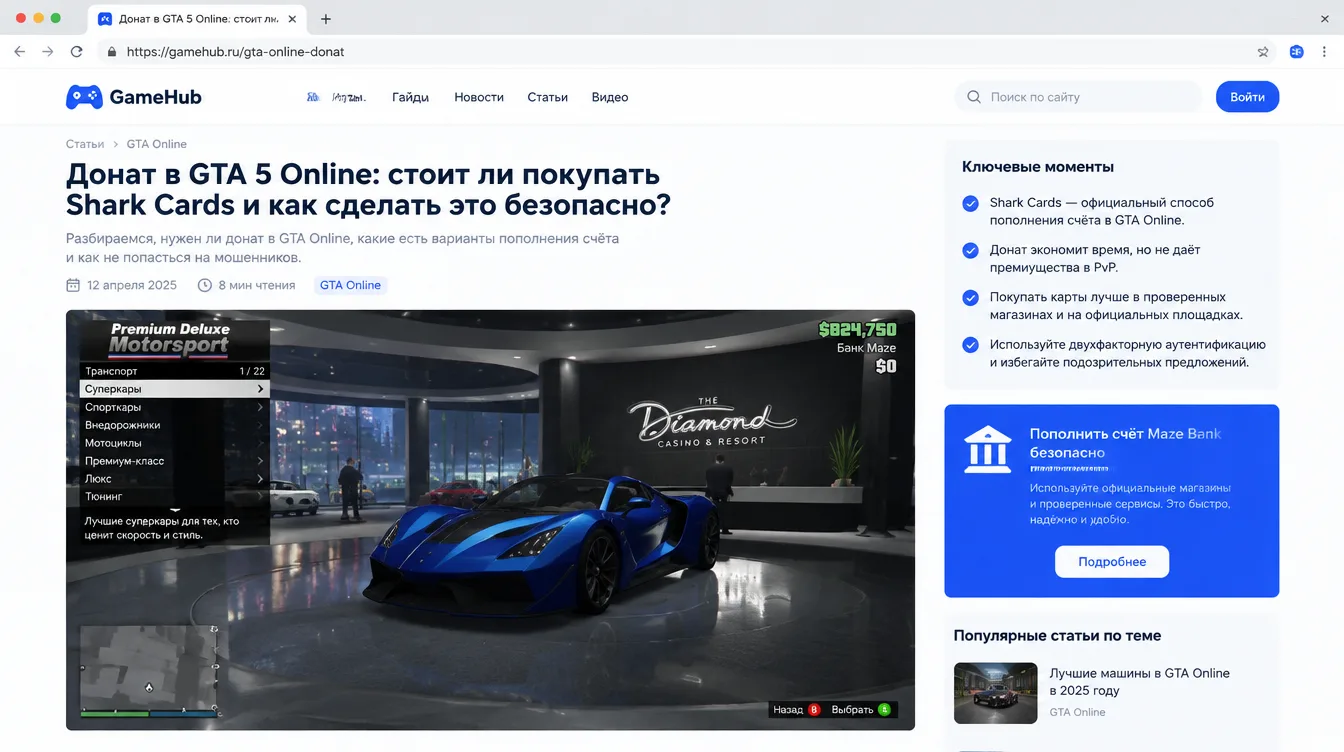 Скриншот: игровой экран GTA Online с суперкаром в автосалоне и балансом на счёте Maze Bank