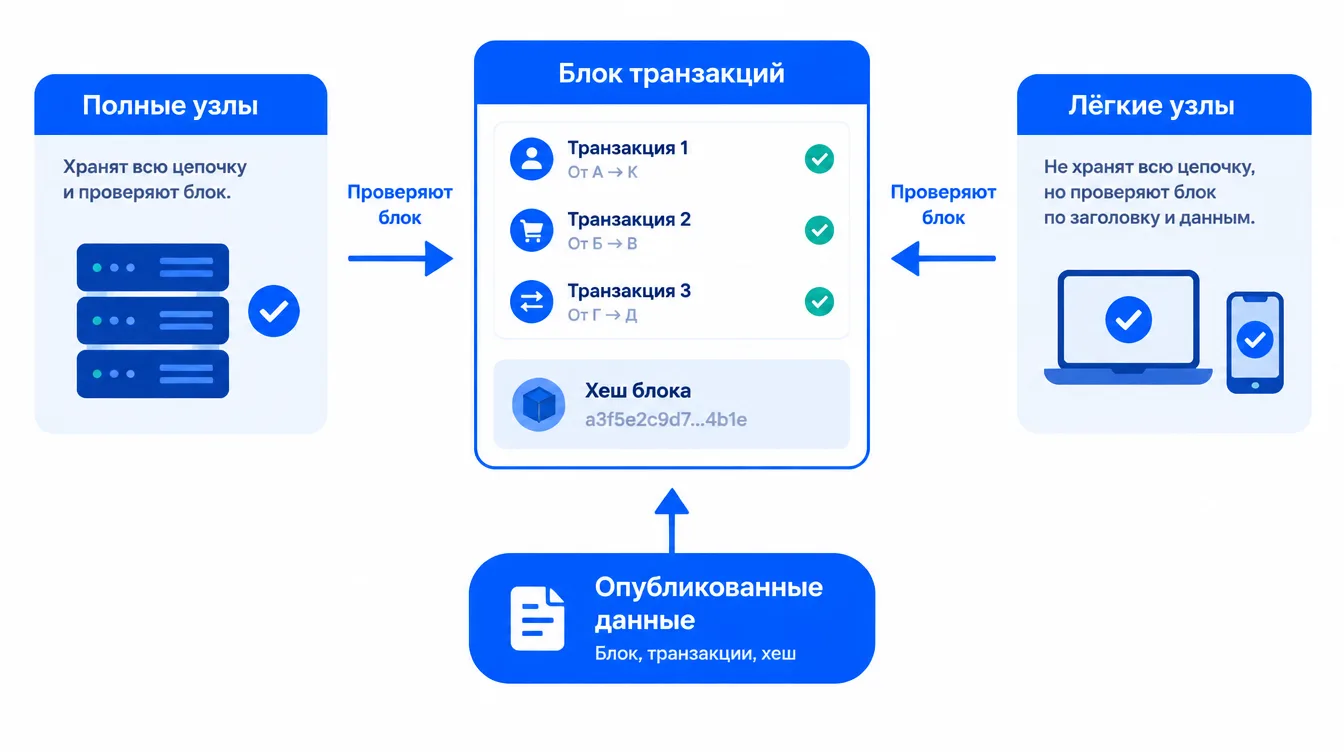 Схема: блок транзакций, который проверяют полные и лёгкие узлы сети, с отметкой опубликованных данных
